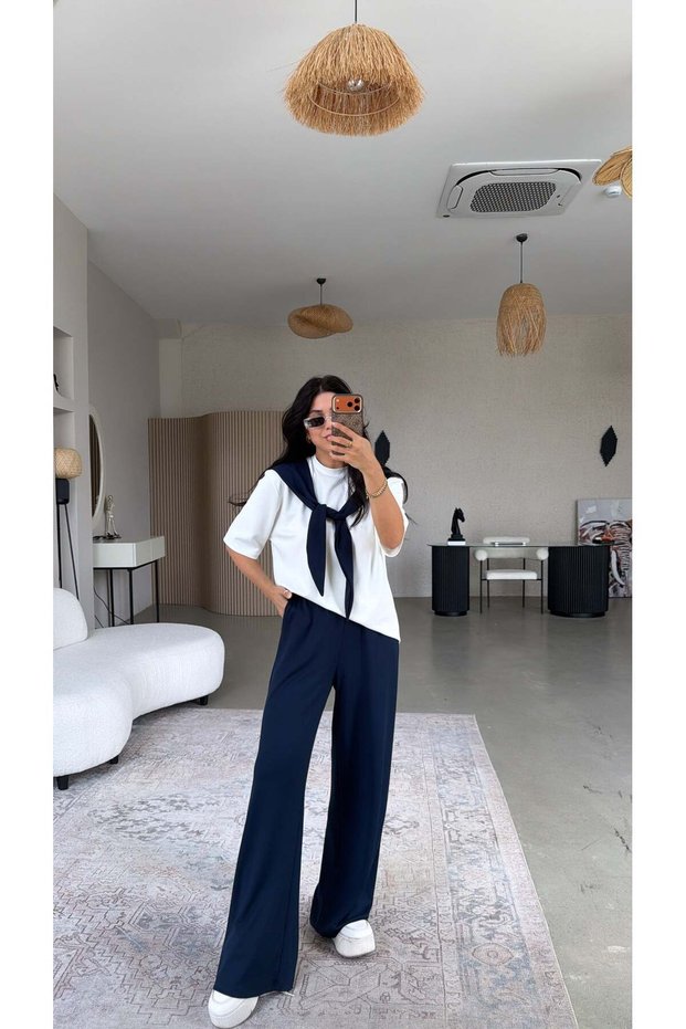 Navy Blue Modal Tracksuit Set with Scarf Detail