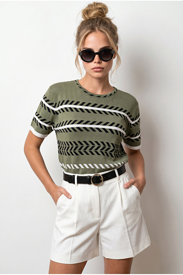 Women's Khaki Draped Cosmos Viscose Knitwear Blouse Blz-19003361