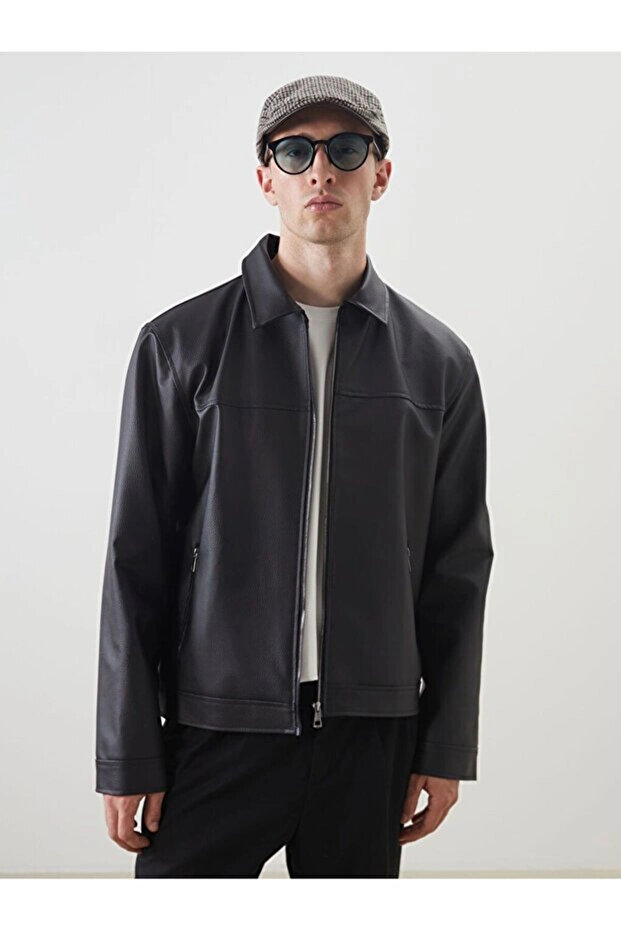 Men's Standard Fit Shirt Collar Leather Look Coat