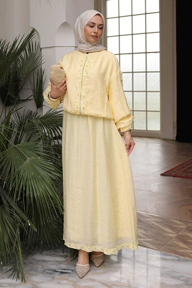 Yellow Elastic Sleeves Zippered Jacket Skirt Set