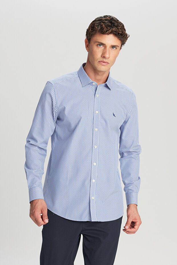 Men's Blue-Grey Non-Iron 100% Cotton Slim Fit Classic Collar Dobby Shirt