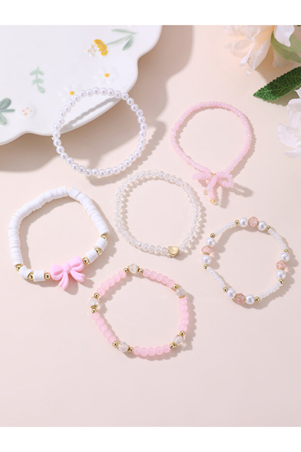 Pack of 6 - Pink Bow and Pearl Beaded Bracelet
