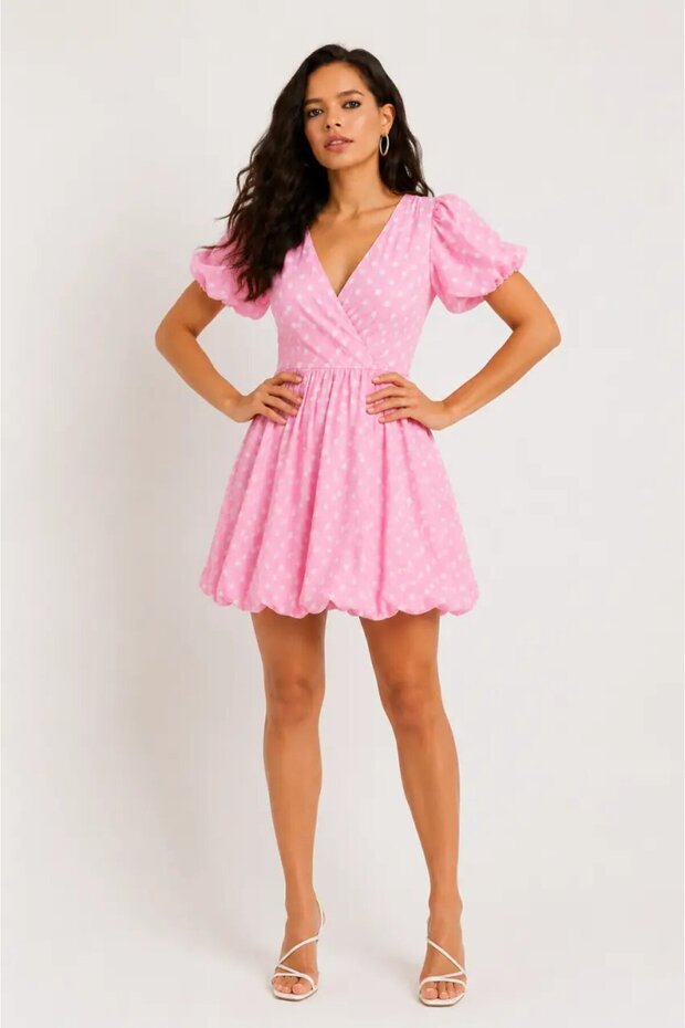 Pink Polka Dot Balloon Sleeve Mini Dress