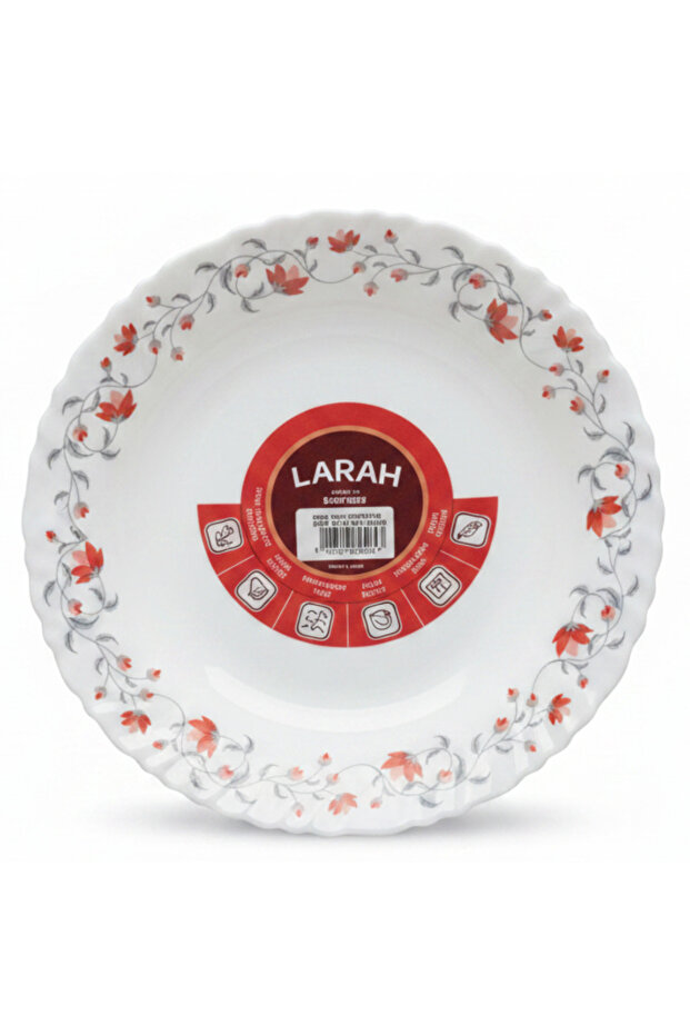 Fluted White Opalware Soup Plate with Red Floral Design – 9 Inch