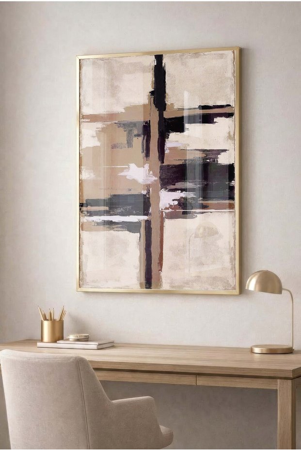 Beige and Black Geometric Linear Abstract Glass Painting - Gold Metal Framed Home, Business, and School Wall Art