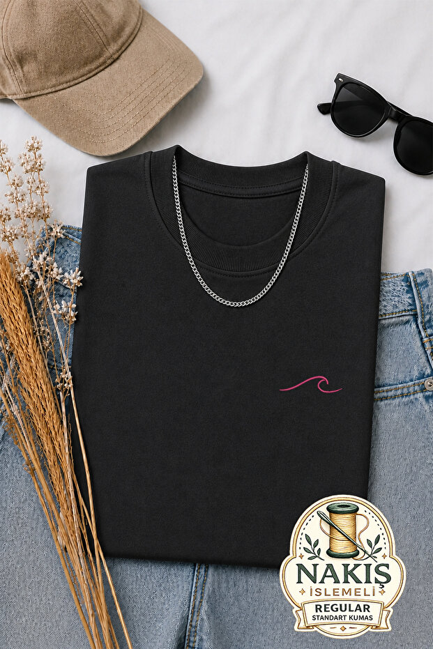 Pink Mood Wave Embroidered Black Regular Fit Unisex T-Shirt 30/1 Regular Fabric