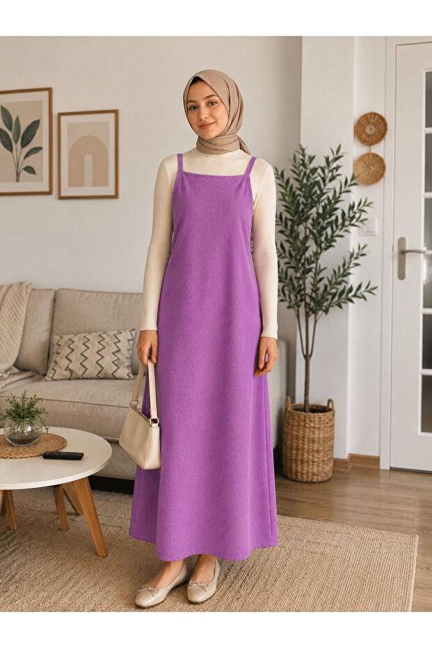 Women's Pink Special Knitted Fabric Gilet Dress with Adjustable Strap