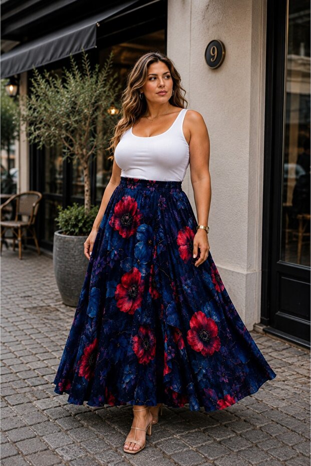 Plus Size Patterned Non-Exposing Long Skirt, Sizes 46-60, Elastic Waist, Comfortable Fit, Summer Loose Skirt