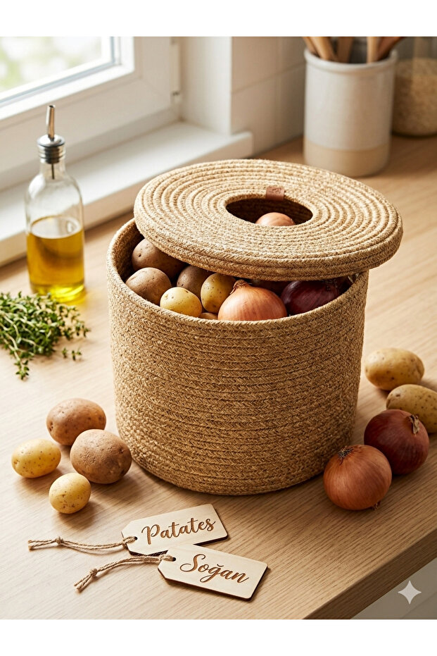 Natural Jute Rope Straw Potato Onion Basket Multi-Purpose Basket Kitchen Organizer Basket 25X20