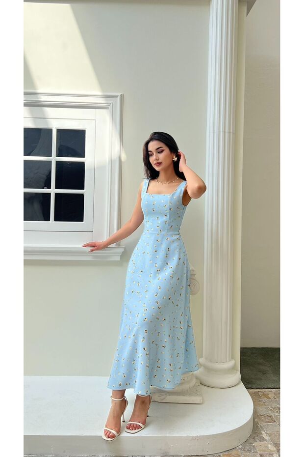 Strappy Square Neck Floral Midi Length Double Dress with Back Tie Detail