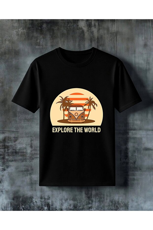 تي شيرت كبير الحجم مطبوع عليه شعار Explore World Retro Van