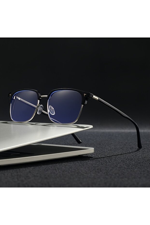 black Silvery Stylish Square Men's And Blue Light Blocking Computer Glasses