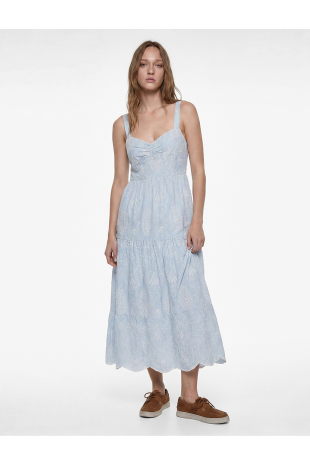 Cotton Strappy Layered Flounce Embroidered Long Dress