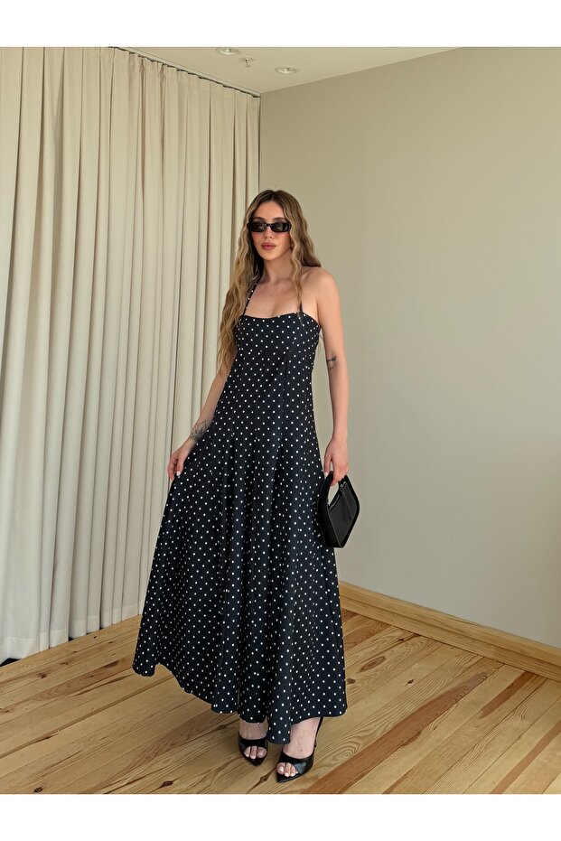 Black Halter Neck Polka Dot Dress - 4733