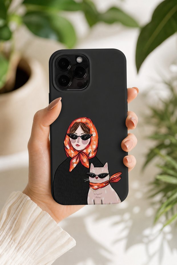 iPhone 15 Pro Max Compatible Launch Silicone Cool Cat Pattern Shock Absorbing Case Black