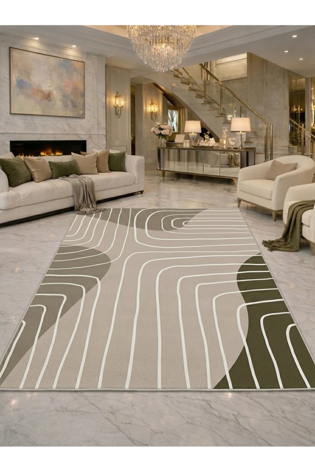 Sdt Modern Abstract Linear Patterned Beige and Mink Minimalist Woven Base Decorative Carpet Sdt1340