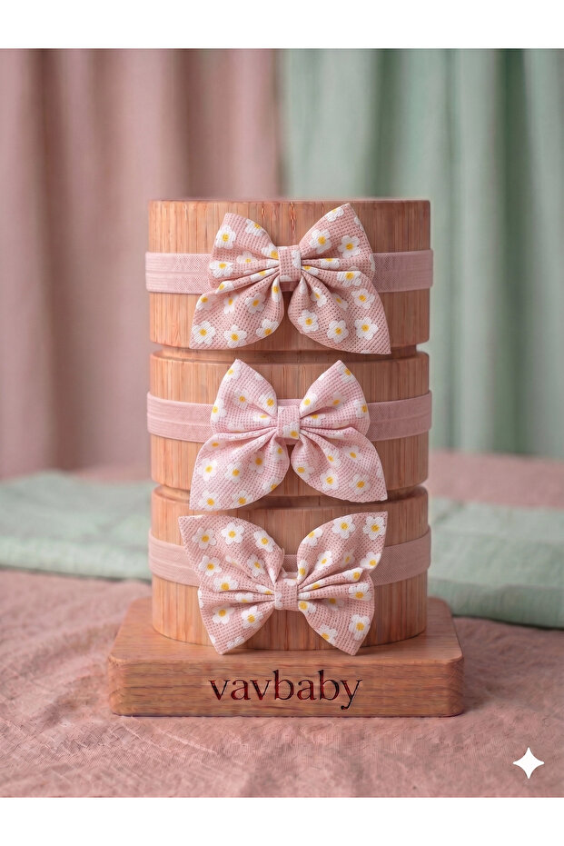 Luxurious Embroidered Floral Bow Baby Headband 3-Pack - Dried Rose