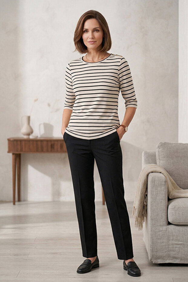 Women's Plus Size Lycra Crew Neck Stripe Patterned Buttoned Short Sleeve Mom T-Shirt Combed Cotton Blouse