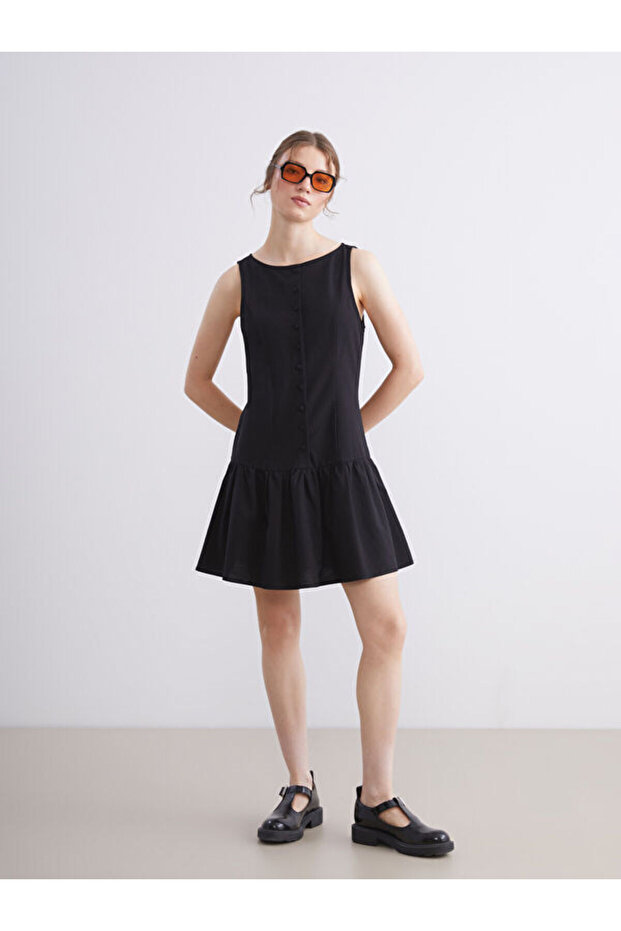 Crew Neck Linen Blend Pleated Dress