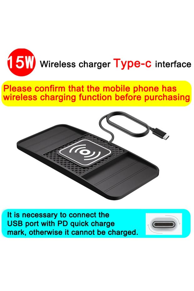 Type-c Port 15W Fast Wireless Charging Pad , Non-Slip Mat for Car Storage, Lightweight USB-Powered