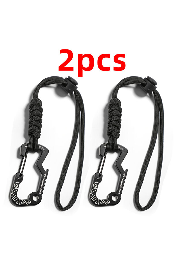 Black 2PC Multifunctional Tactical Hook Carabiner with Paracord Keychain Anti-Loss Rope for Outdoor