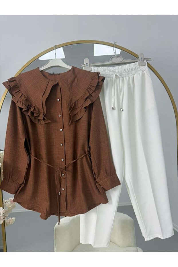 Ruffle Collar Lace-Up Tunic Pants Set Brown