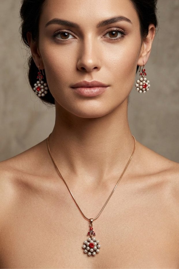 Pearl and Stone Flower Antique Necklace Earring Set