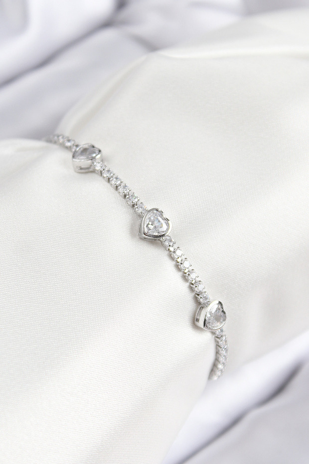 Brass Zircon Stone Row Heart Model Silver Color Women's Bracelet with Elevator Chain - Teolsa3176-4