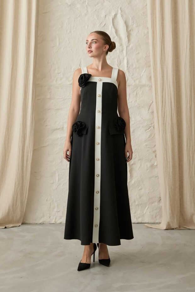 Black Rose Strap Dress - S - Black