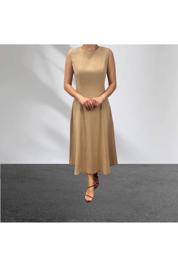 Beige Linen Crew Neck Flounce Midi Dress