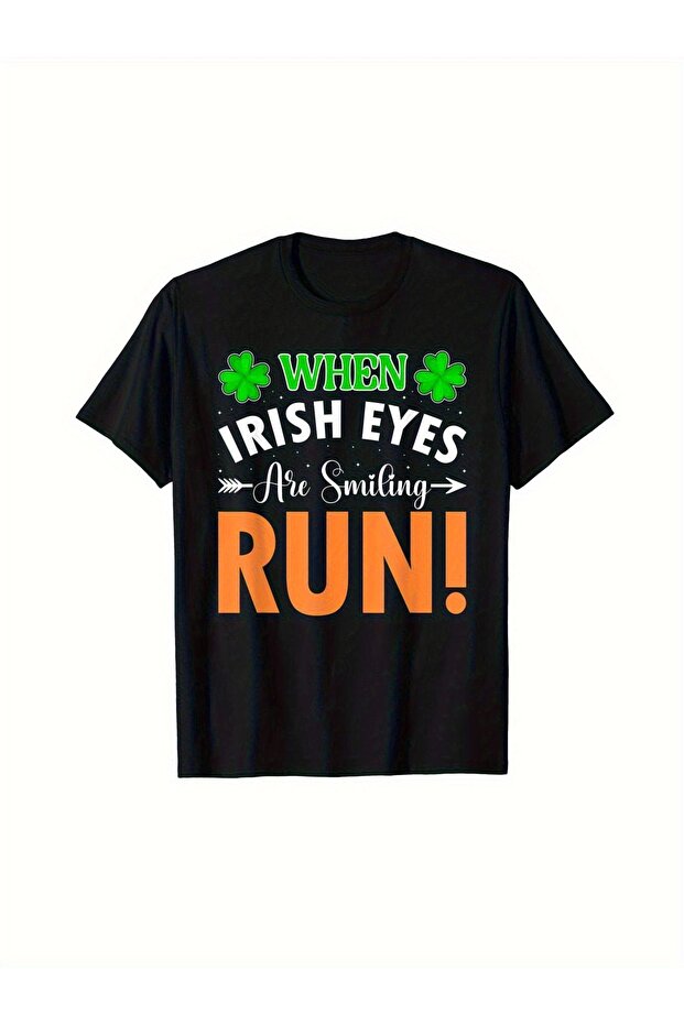 تيشيرت رجالي لعيد القديس باتريك يتميز بطباعة عبارة "Smiling Irish Eyes" ونمط شامروك.