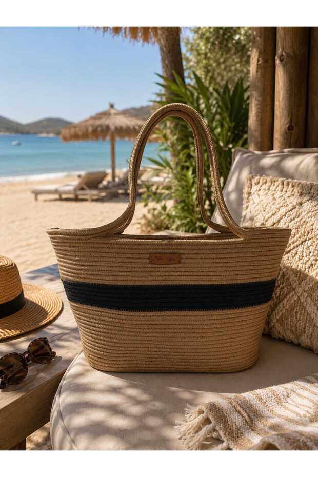 Beach Bag Jute Cord Rope Handcrafted Light Brown Black Single Stripe