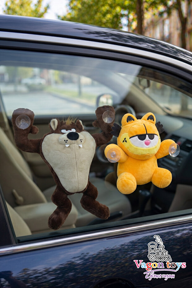 Garfield and the Tasmanian Devil Suction Cup Car Windshield Plush Duo Set – 22 cm & 30 cm Soft Car Interior Accessory & Funny Gift