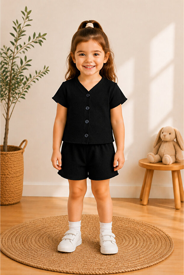 Girl's Waffle Fabric Shorts Set Buttoned Summer Top and Bottom Set 12-18 Months – 5 Years