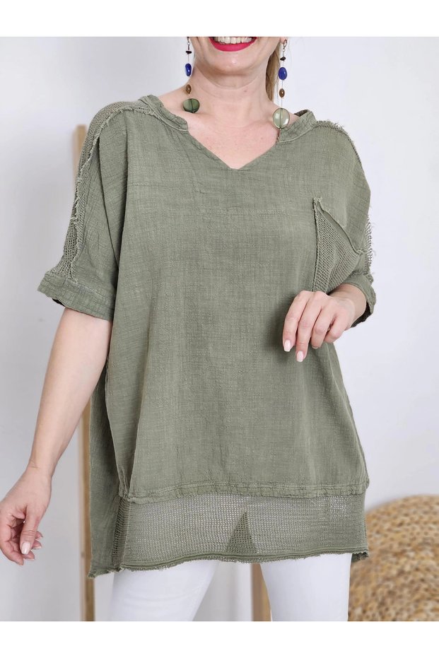 Women's Khaki Mesh Detailed Cotton Linen Blouse Bohemian Loose Tunic