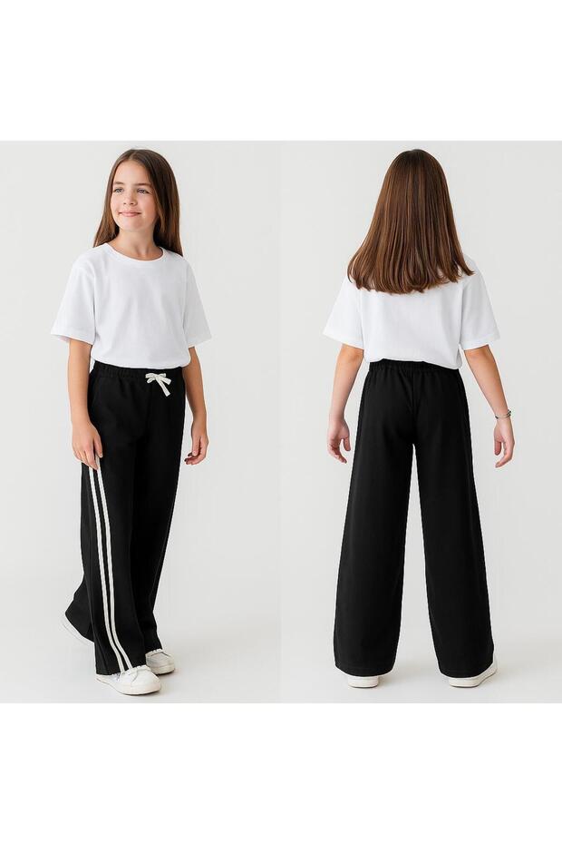 Girl's Black Wide-Leg Sweatpants with Side Stripes – Comfortable Fit-7760-1