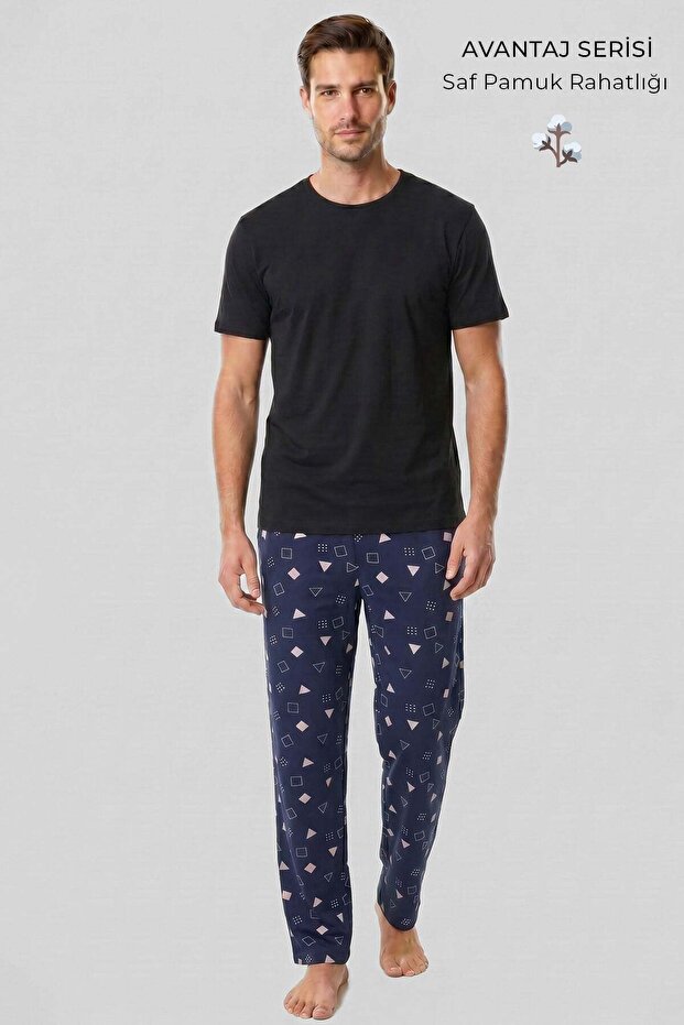 Egyptian Men's Geometric Pattern Bottom Pajamas Navy Blue