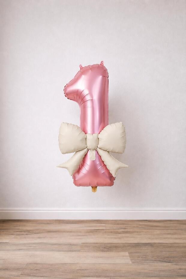 Cream Bow & Pink 1 Number Foil Balloon Set