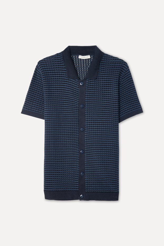 Men's Navy Blue Striped Polo Collar Short Sleeve Knitwear Cardigan