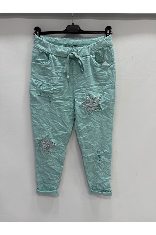 Women's Mint Italian Star Patterned Sequined Elastic Waist Lace-Up Lycra Pants Size 40 - 46
