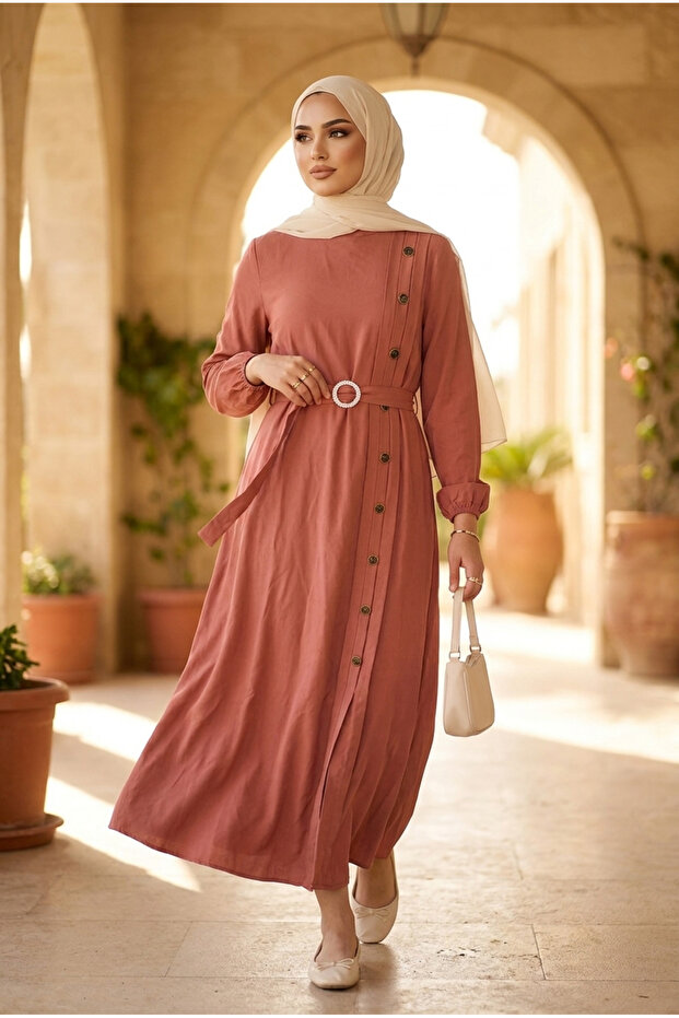 Women's Modal Fabric Side Button Detailed Buckle Belted Hijab Dress