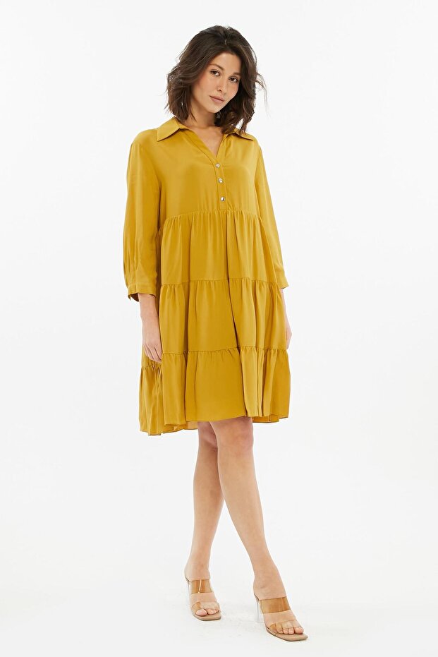 Women's V-Neck Skirt Lined Layered Ruffle Midi Dress