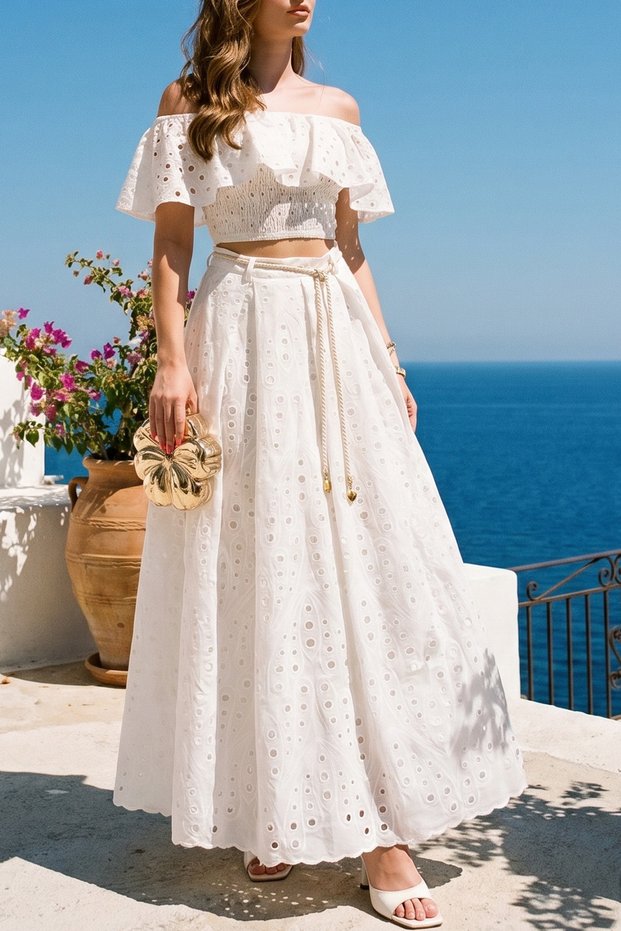 Off-Shoulder Madonna Collar Scallop Brode Gipe Fabric Rope Belted Romantic Summer Vacation Women's Suit Set