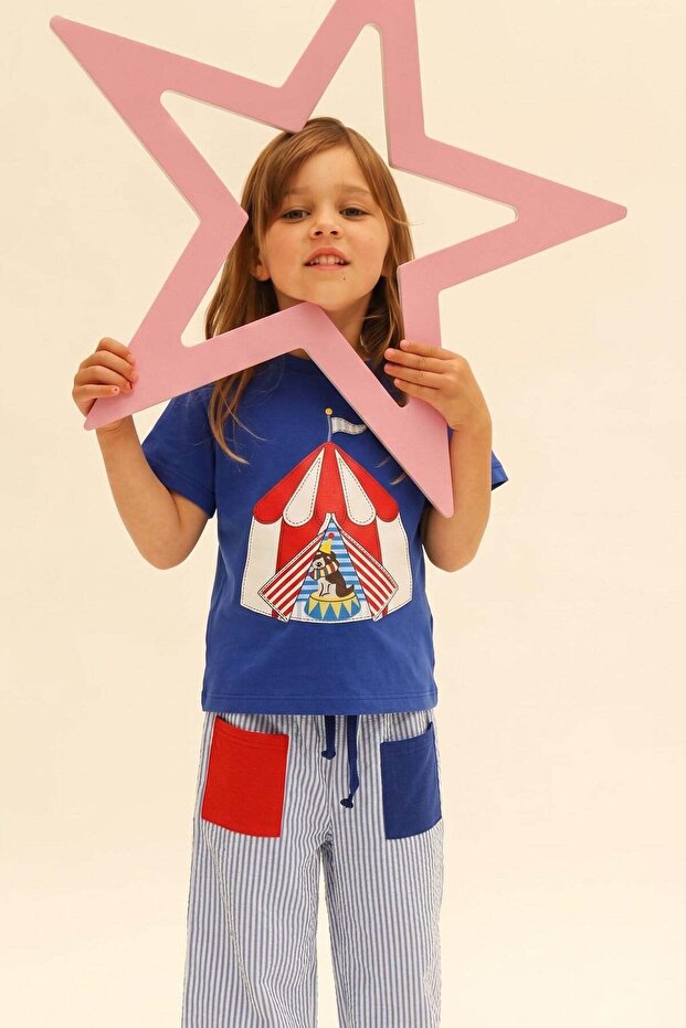 Girl's Navy Blue Circus Themed Cotton Striped Pants and Undershirt Set