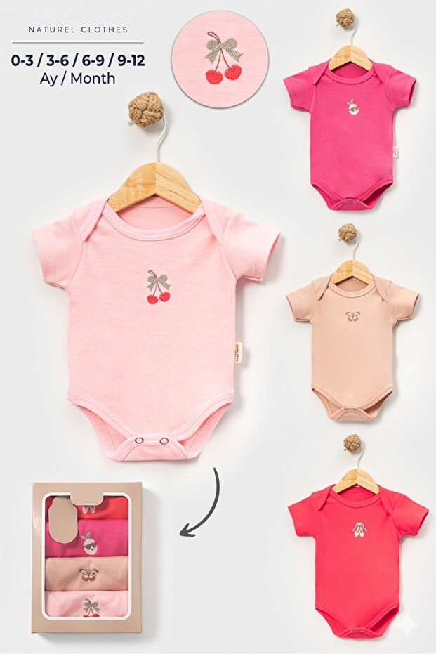 4-Piece Girls' Embroidered Snap Fastener Short-Sleeved Boxed Bodysuit Set