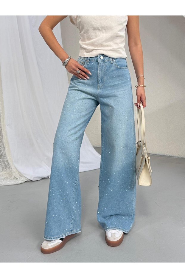 Women's Stoned Baggy Jean High Waist Wide Leg Pants Light Blue Front and Back Stoned Pants