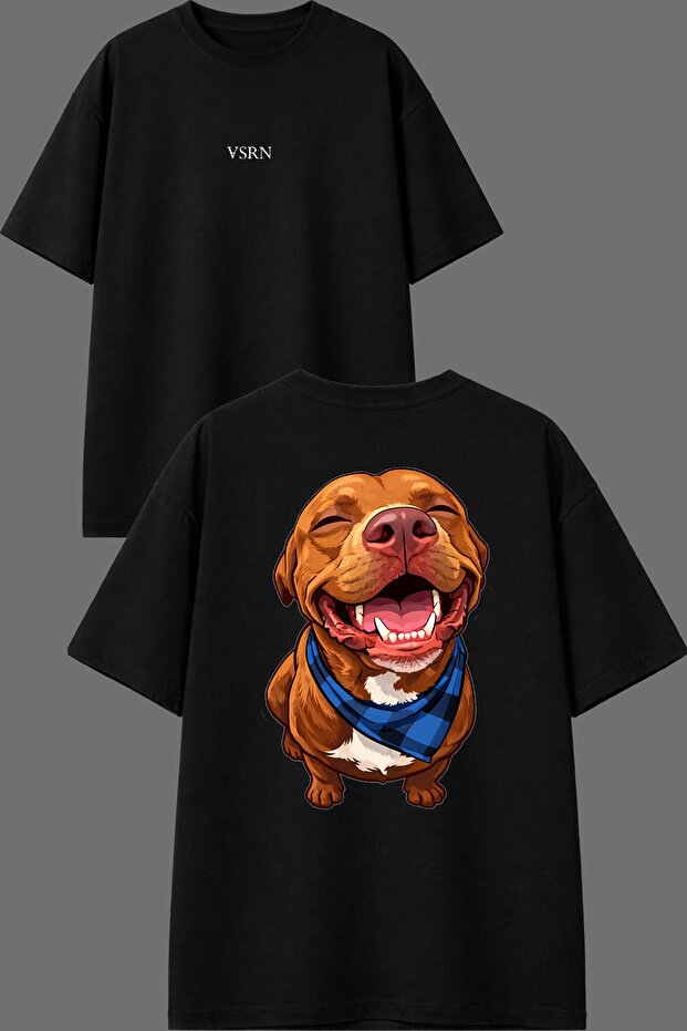 تي شيرت أسود كبير الحجم بتصميم Sweetish Dog مطبوع من الأمام والخلف