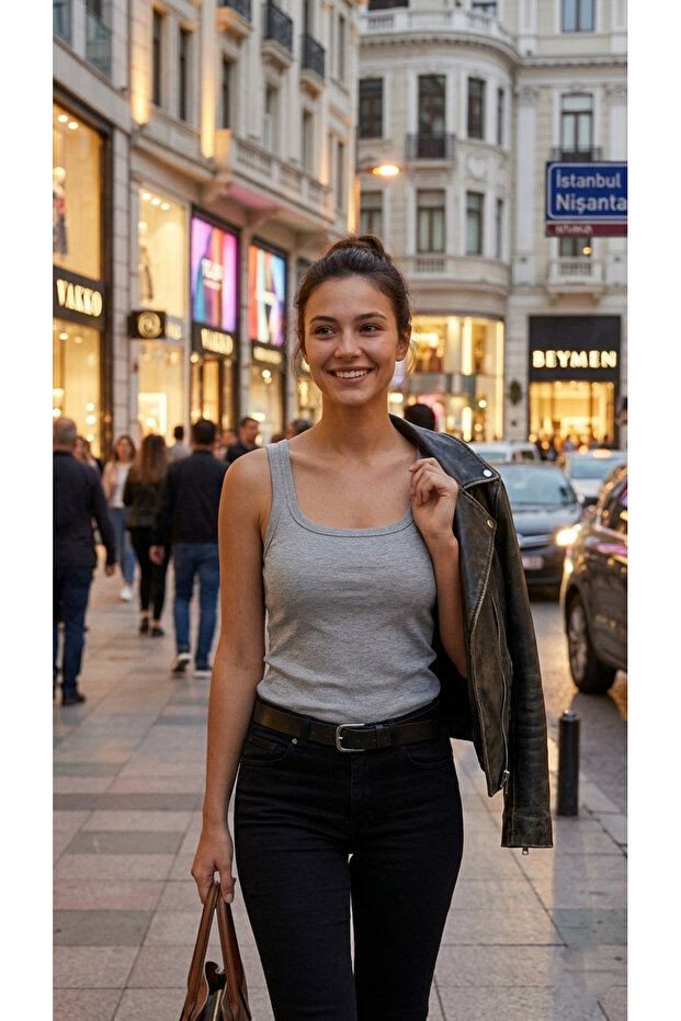 Gray Square Neck Ribbed Knitted Women's Athlete Premium Ribbed Camisole Bodysuit