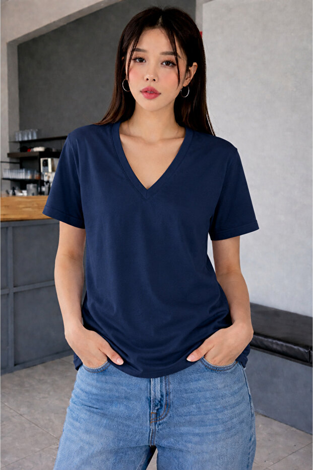 Women's Navy Blue V-Neck T-Shirt 100% Cotton