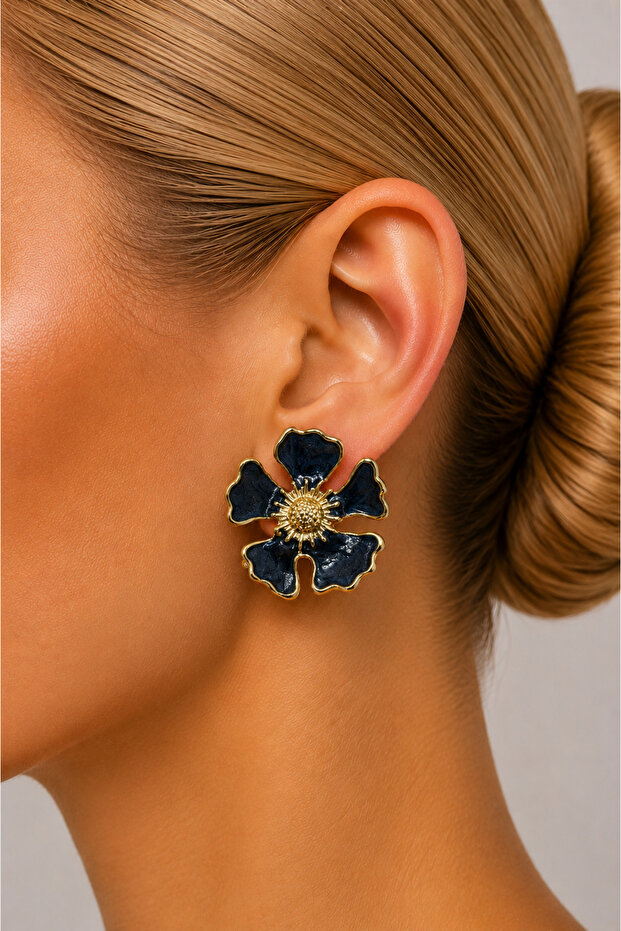 Amélie Women's Steel Navy Blue Enameled Yellow Plated Flower Stud Earrings